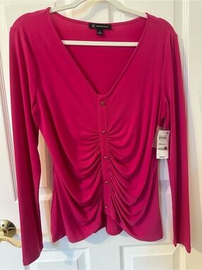 INC International Concepts Bright Fuchsia Ruched Button-Front Long Sleeve Top